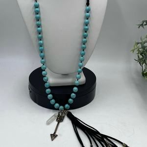 Jane Marie Hand Knotted Black leather Tassel Blue Faux Turquoise Arrow Pendant
